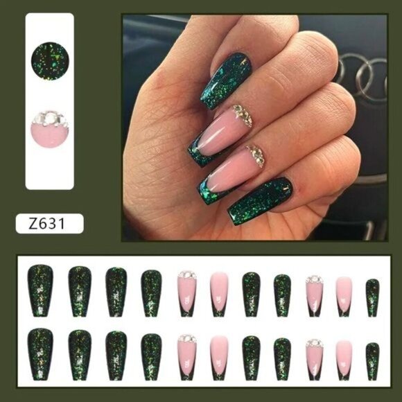 NWT 24Pcs Long Coffin Press-On Nails False Fake Rhinestone French Design Green - Picture 2 of 8
